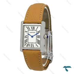 ساعت کارتیر تانک زنانه سیلور بند چرم عسلی Cartier-7214-L