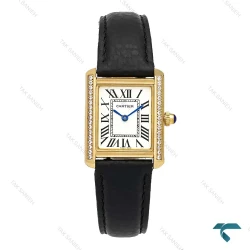 ساعت زنانه کارتیه تانک طلایی دورنگین بند چرم مشکی Cartier-7217-L