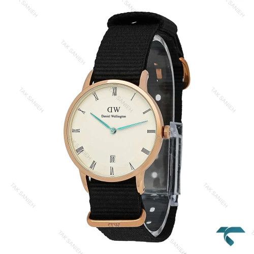 ساعت DW رزگلد صفحه سفید بند برزنت مشکی مدیوم DW-7229-L