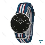 ساعت DW مردانه سیلور صفحه مشکی بند برزنتی آبی قرمز سفید DW-7232-G