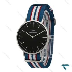 ساعت DW مردانه سیلور صفحه مشکی بند برزنتی آبی قرمز سفید DW-7232-G