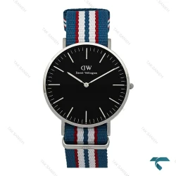 ساعت DW مردانه سیلور صفحه مشکی بند برزنتی آبی قرمز سفید DW-7232-G