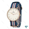 ساعت مردانه DW رزگلد صفحه سفید بند برزنتی آبی قرمز سفید DW-7234-G