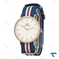 ساعت مردانه DW رزگلد صفحه سفید بند برزنتی آبی قرمز سفید DW-7234-G