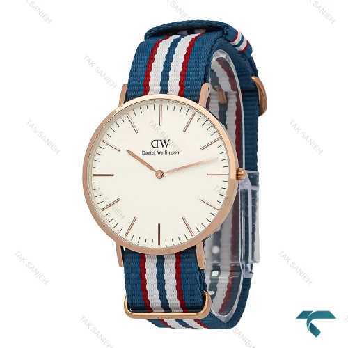 ساعت مردانه DW رزگلد صفحه سفید بند برزنتی آبی قرمز سفید DW-7234-G