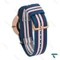ساعت مردانه DW رزگلد صفحه سفید بند برزنتی آبی قرمز سفید DW-7234-G