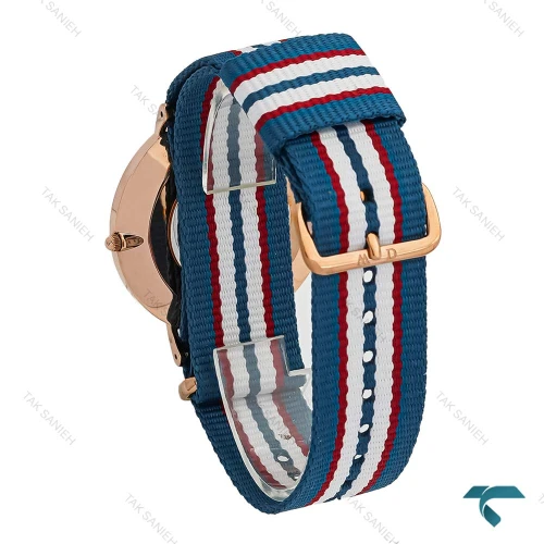 ساعت مردانه DW رزگلد صفحه سفید بند برزنتی آبی قرمز سفید DW-7234-G