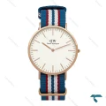 ساعت مردانه DW رزگلد صفحه سفید بند برزنتی آبی قرمز سفید DW-7234-G