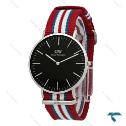 ساعت مچی مردانه DW رزگلد صفحه مشکی بند برزنتی قرمز آبی سفید DW-7235-G