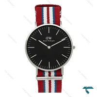 ساعت مچی مردانه DW رزگلد صفحه مشکی بند برزنتی قرمز آبی سفید DW-7235-G
