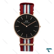 ساعت مردانه DW رزگلد صفحه مشکی بند برزنتی قرمز آبی سفید DW-7236-G