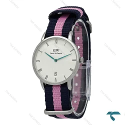 ساعت مچی دنیل نقره ای صفحه سفید بند برزنت صورتی سرمه ای DW-7237-L