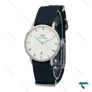 ساعت دنیل ولینگتون نقره ای صفحه سفید بند برزنت سرمه ای مدیوم DW-7238-L