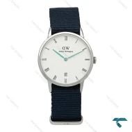 ساعت دنیل ولینگتون نقره ای صفحه سفید بند برزنت سرمه ای مدیوم DW-7238-L
