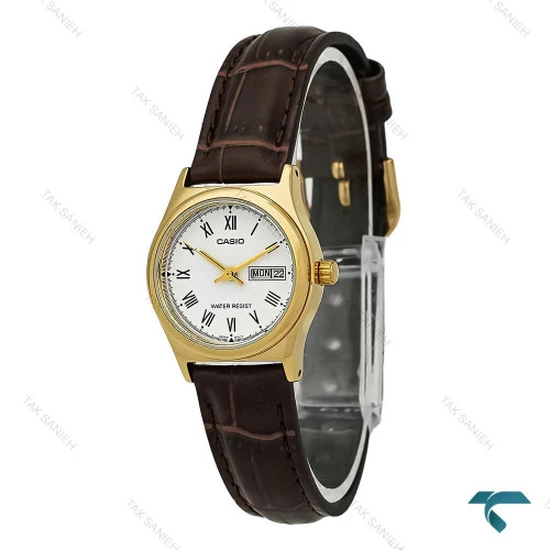 ساعت کاسیو بند چرم قهوه ای زنانه طلایی صفحه سفید Casio-7619-L