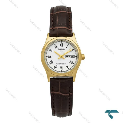 ساعت کاسیو بند چرم قهوه ای زنانه طلایی صفحه سفید Casio-7619-L
