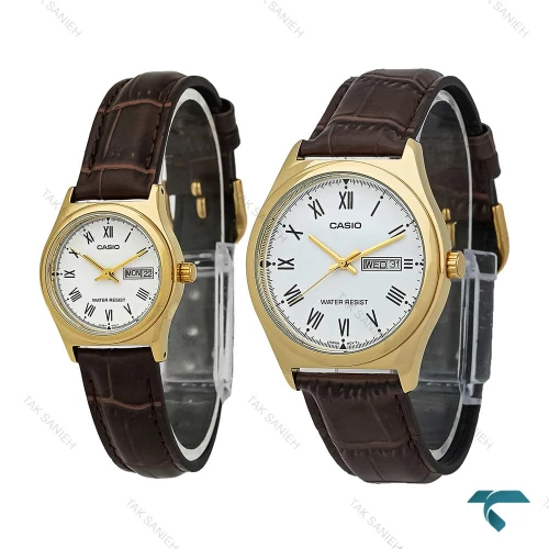 ساعت ست کاسیو چرمی طلایی صفحه سفید Casio-7621-S
