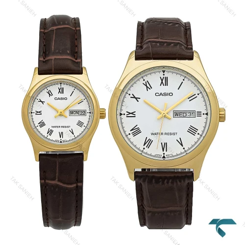 ساعت ست کاسیو چرمی طلایی صفحه سفید Casio-7621-S