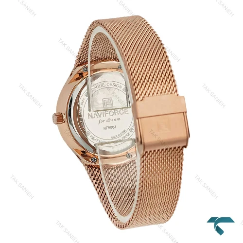 ساعت زنانه نیوی فورس مدل NF5004 با بند حصیری رنگ رزگلد، طراحی شیک و جذاب مناسب استفاده روزمره و رسمی