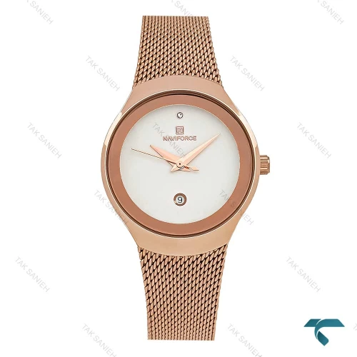 ساعت زنانه نیوی فورس مدل NF5004 با بند حصیری رنگ رزگلد، طراحی شیک و جذاب مناسب استفاده روزمره و رسمی