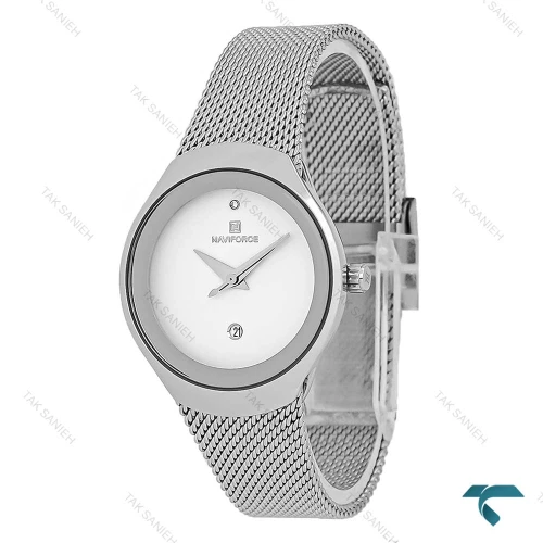 ساعت زنانه نیوی فورس مدل NF5004 با بند حصیری نقره ای، طراحی شیک و مدرن مناسب استفاده روزمره و رسمی