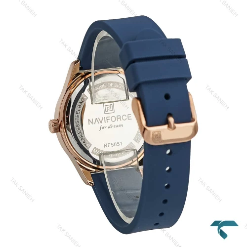 ساعت زنانه نیوی فورس مدل NF5051 با طرح گل و قاب رز، رنگ سرمه ای، مناسب استایل رسمی و روزمره، مقاوم در برابر خط و خش