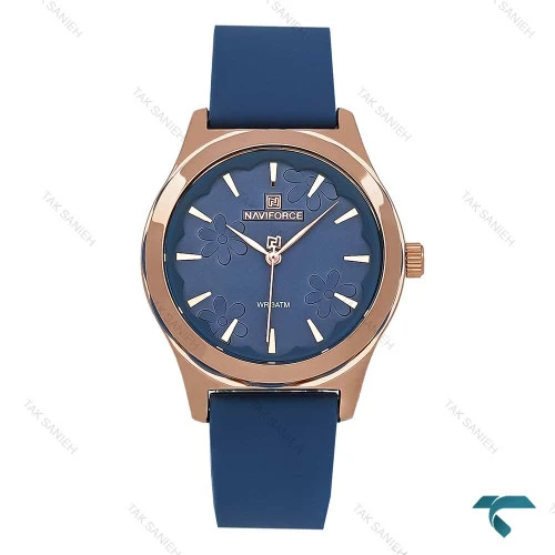 ساعت زنانه نیوی فورس مدل NF5051 با طرح گل و قاب رز، رنگ سرمه ای، مناسب استایل رسمی و روزمره، مقاوم در برابر خط و خش