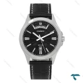 ساعت کلاسیک کاسیو مدل Casio-7708-G با بند چرمی مشکی، نمایش دو تقویم و طراحی شیک مناسب استفاده روزمره و رسمی