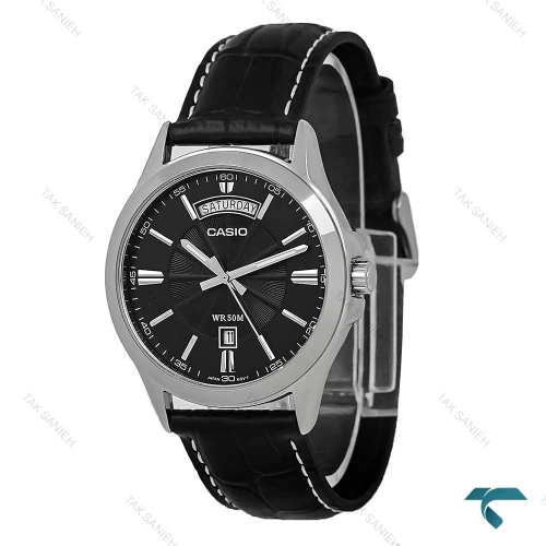 ساعت کلاسیک کاسیو مدل Casio-7708-G با بند چرمی مشکی، نمایش دو تقویم و طراحی شیک مناسب استفاده روزمره و رسمی