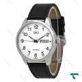 ساعت مردانه کیو اند کیو دو تقویمه صفحه سفید بند چرم مشکی شیک مناسب روزمره و رسمی مدل QQ-7769-G