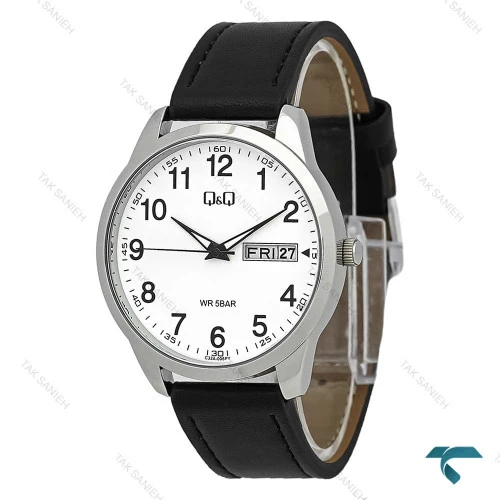 ساعت مردانه کیو اند کیو دو تقویمه صفحه سفید بند چرم مشکی شیک مناسب روزمره و رسمی مدل QQ-7769-G