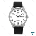 ساعت مردانه کیو اند کیو دو تقویمه صفحه سفید بند چرم مشکی شیک مناسب روزمره و رسمی مدل QQ-7769-G