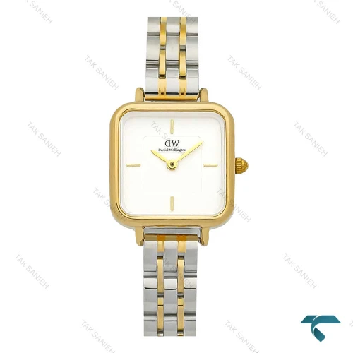 ساعت مچی زنانه دنیل ولینگتون طرح مربعی دورنگ طلایی صفحه سفید مدل DW 7831 L مناسب استایل رسمی و روزمره