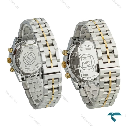 ساعت ست سیکو سه موتوره کورنوگراف دورنگ طلایی صفحه سبز Seiko-7834-S