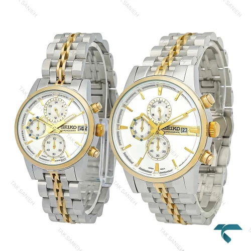 ساعت ست سیکو سه موتوره کورنوگراف دورنگ طلایی Seiko-7837-S
