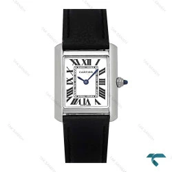 ساعت کارتیه تانک زنانه نقره ای بند چرم مشکی متوسط Cartier-7921-L