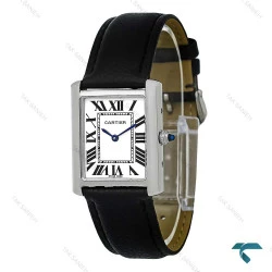 ساعت کارتیه تانک زنانه نقره ای بند چرم مشکی متوسط Cartier-7921-L