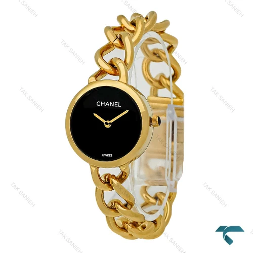ساعت شنل زنانه بند کارتیری طلایی صفحه مشکی Chanel-7958-L