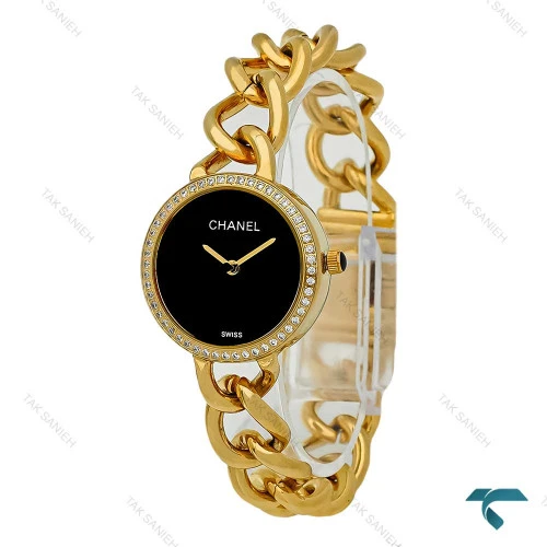 ساعت شنل زنانه بند کارتیری طلایی صفحه مشکی دورنگین Chanel-7959-L