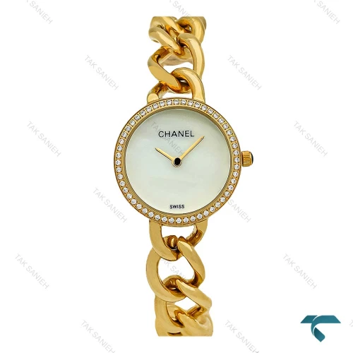 ساعت شنل زنانه بند کارتیری طلایی صفحه سفید دورنگین Chanel-7960-L
