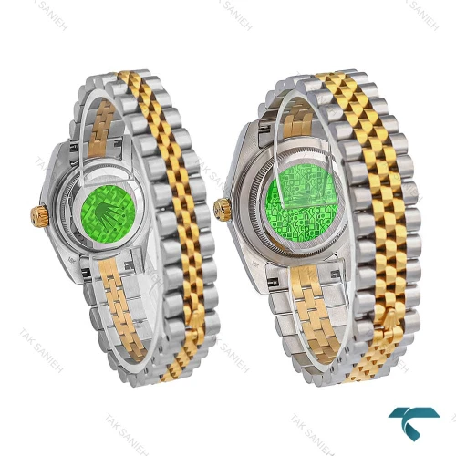 ساعت رولکس ست دورنگ طلایی صفحه سبز مشکی ایندکس نگین Rolex-7983-S