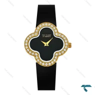 ساعت ونکلیف Alhambra زنانه طلایی بند چرم مشکی دورنگین VanCleef-7987-L