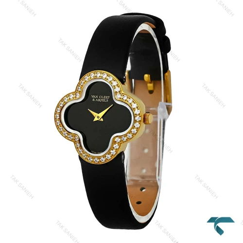 ساعت ونکلیف Alhambra زنانه طلایی بند چرم مشکی دورنگین VanCleef-7987-L
