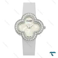 ساعت ونکلیف Alhambra زنانه نقره ای بند چرم سفید دورنگین VanCleef-7989-L