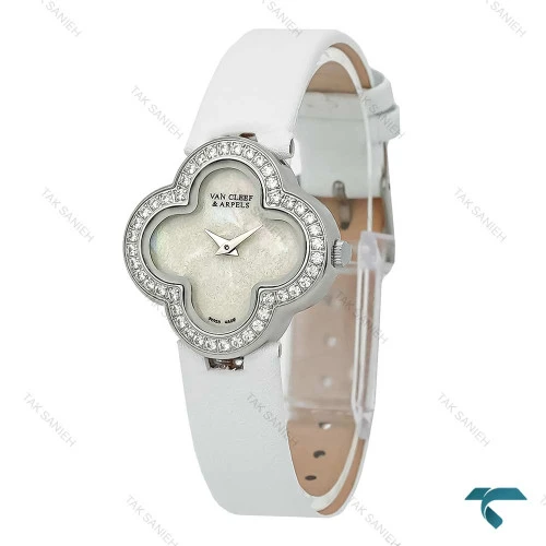 ساعت ونکلیف Alhambra زنانه نقره ای بند چرم سفید دورنگین VanCleef-7989-L