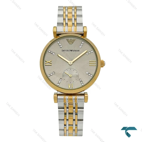 ساعت امپریو آرمانی زنانه دورنگ طلایی صفحه طوسی زیرثانیه Armani-7994-L