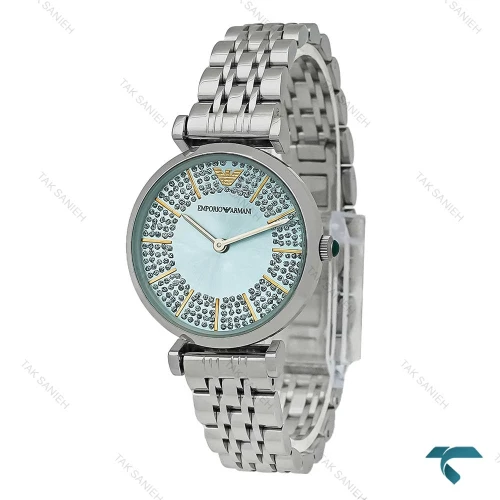 ساعت امپریو آرمانی زنانه سیلور صفحه آبی آسمانی نگین دار Armani-7997-L