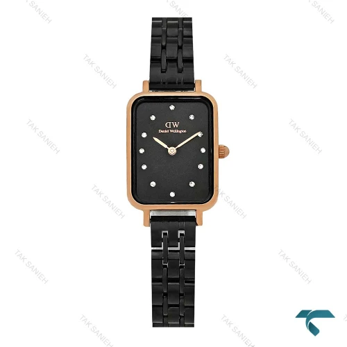 ساعت دنیل ولینگتون زنانه مستطیلی رزگلد مشکی نگین دار DW-8014-L