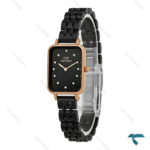 ساعت دنیل ولینگتون زنانه مستطیلی رزگلد مشکی نگین دار DW-8014-L