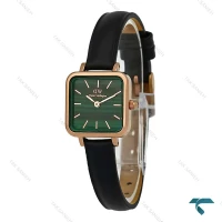 ساعت DW زنانه مربعی رزگلد بند چرم صفحه سبز طرح دار DW-8024-L
